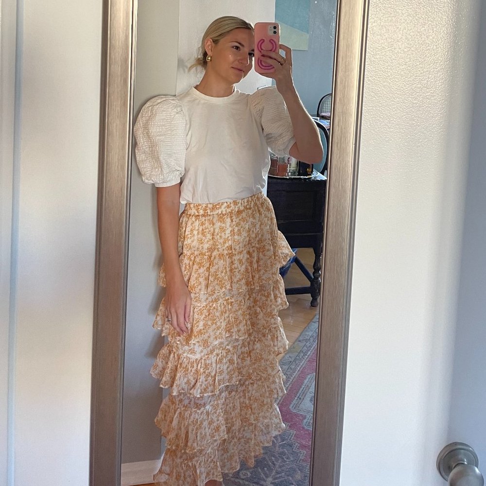 Yellow and White Floral Tiered Skirt